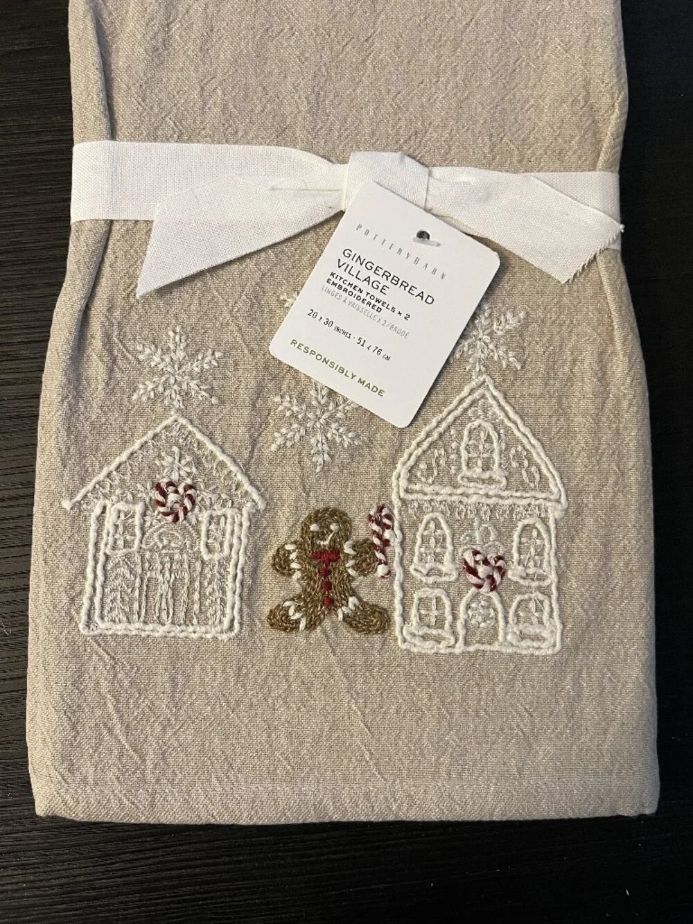 Pottery Barn Gingerbread Village Set of 2 Embroidered Kitchen Towels 20 x 30 in